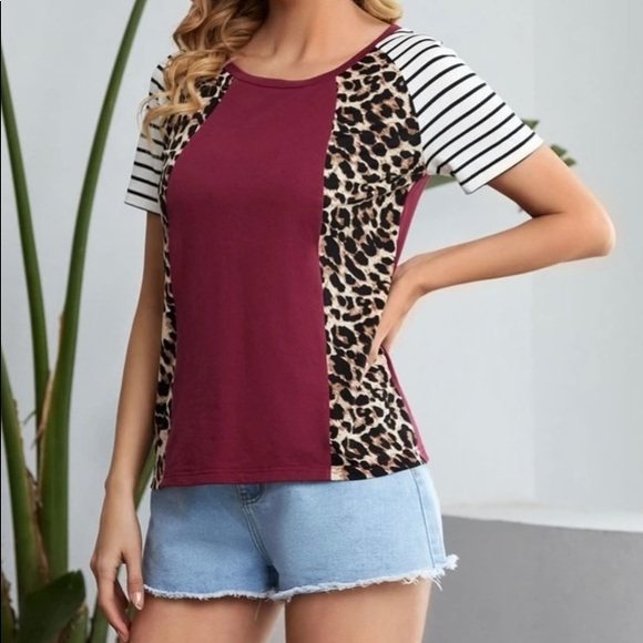 🆕LAST ONE!🛍 Leopard & Stripes Colorblock Top in Burgundy - Picture 2 of 4
